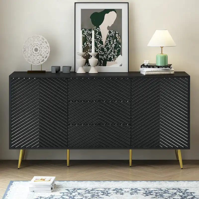 Black Chevron Pattern Sideboard with Gold Conical Legs and Central Drawers