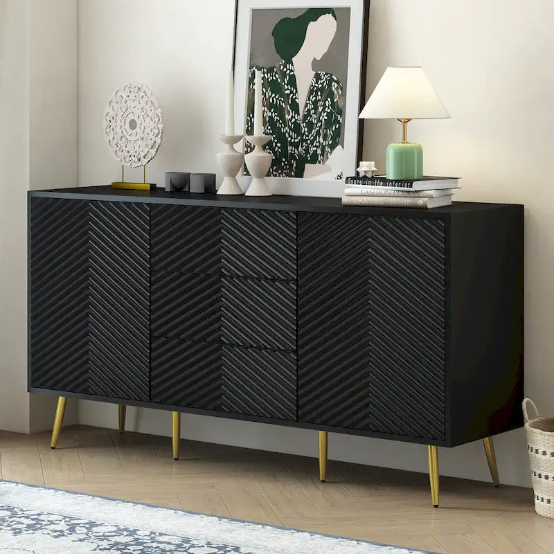Black Chevron Pattern Sideboard with Gold Conical Legs and Central Drawers