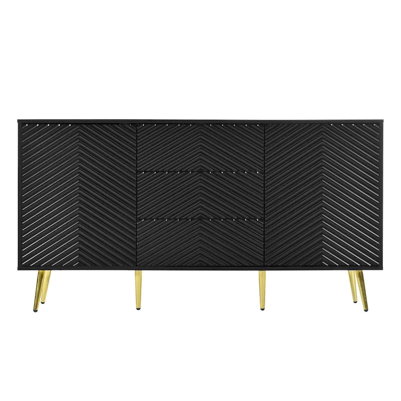 Black Chevron Pattern Sideboard with Gold Conical Legs and Central Drawers