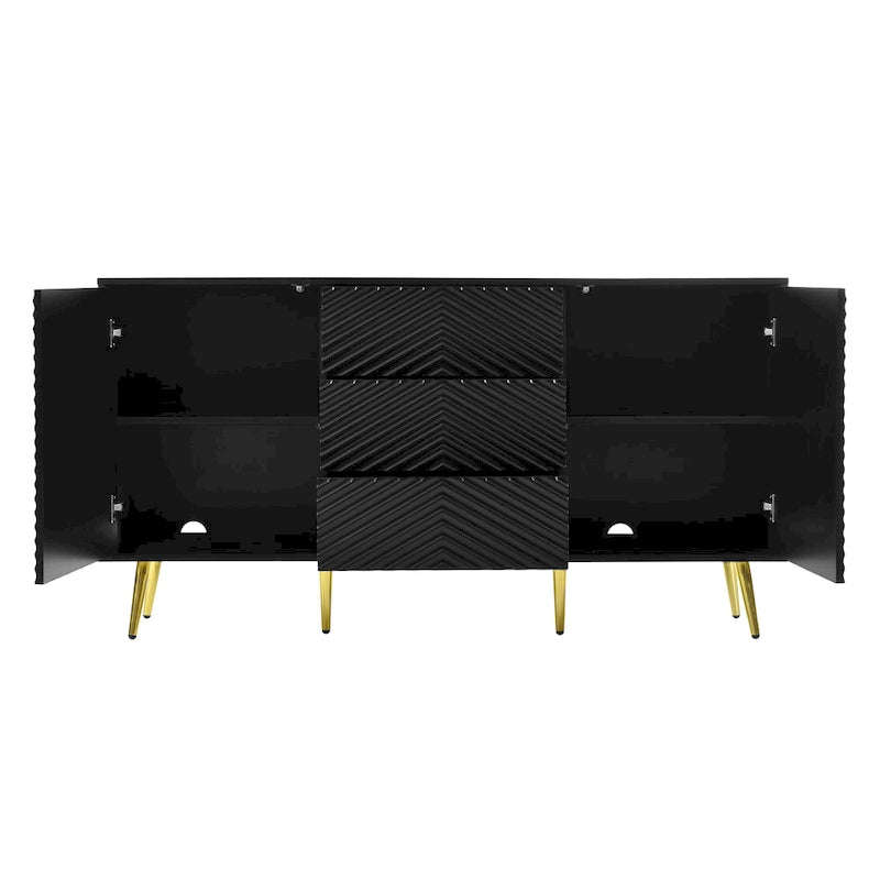 Black Chevron Pattern Sideboard with Gold Conical Legs and Central Drawers