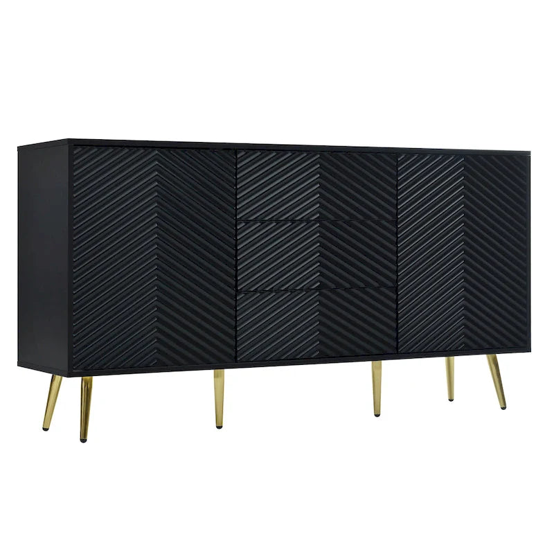 Black Chevron Pattern Sideboard with Gold Conical Legs and Central Drawers