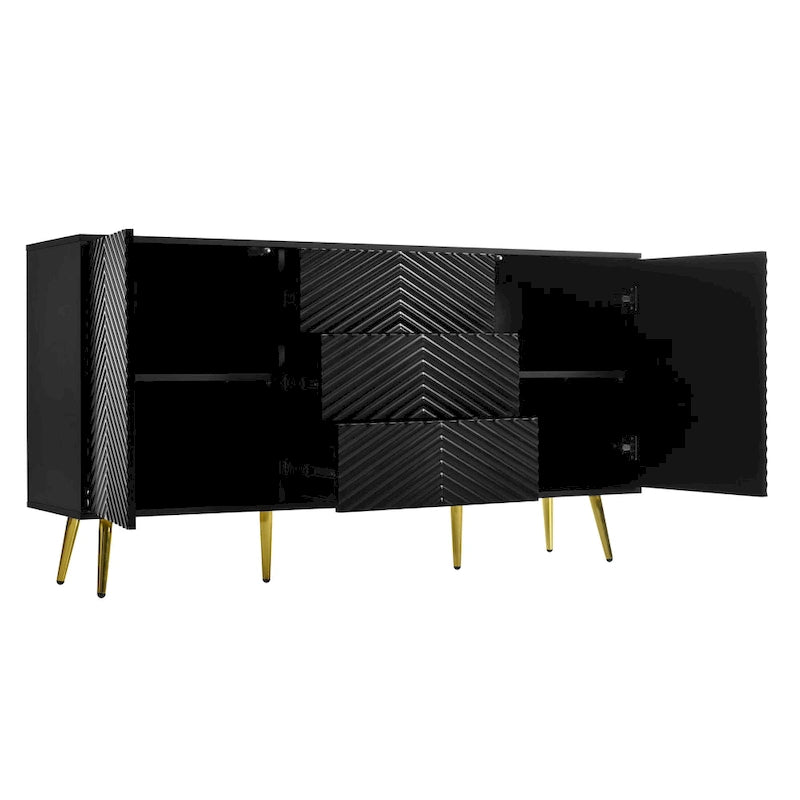 Black Chevron Pattern Sideboard with Gold Conical Legs and Central Drawers