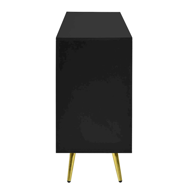 Black Chevron Pattern Sideboard with Gold Conical Legs and Central Drawers