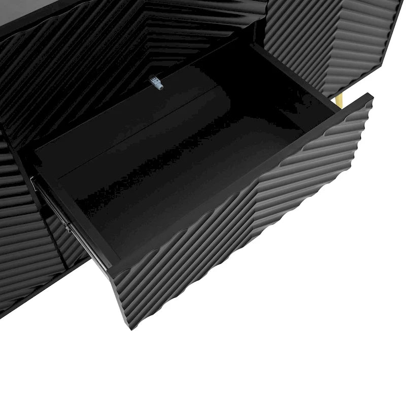Black Chevron Pattern Sideboard with Gold Conical Legs and Central Drawers