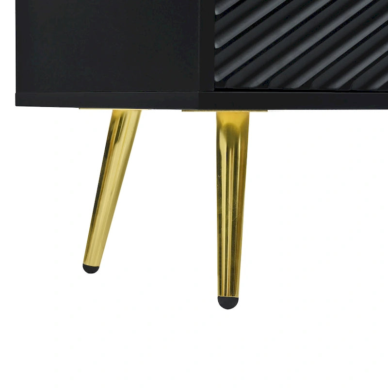 Black Chevron Pattern Sideboard with Gold Conical Legs and Central Drawers