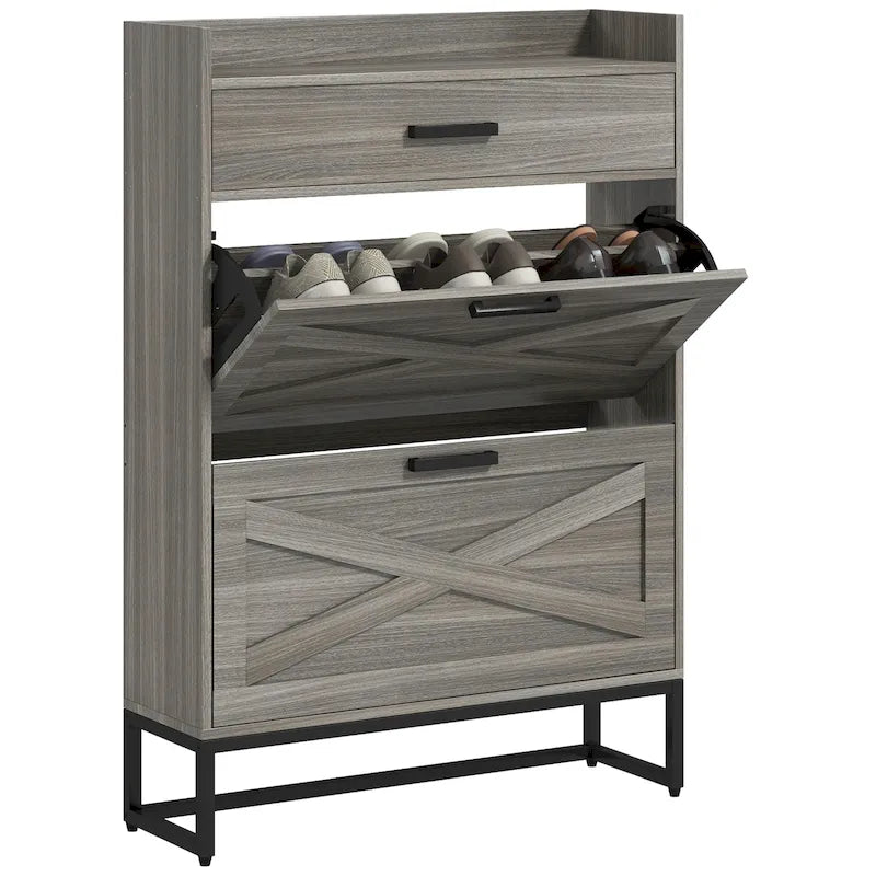 Slim Industrial Shoe Cabinet with Flip Drawers, Top Drawer, Adjustable Shelves, White and Gray