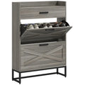 Slim Industrial Shoe Cabinet with Flip Drawers, Top Drawer, Adjustable Shelves, White and Gray
