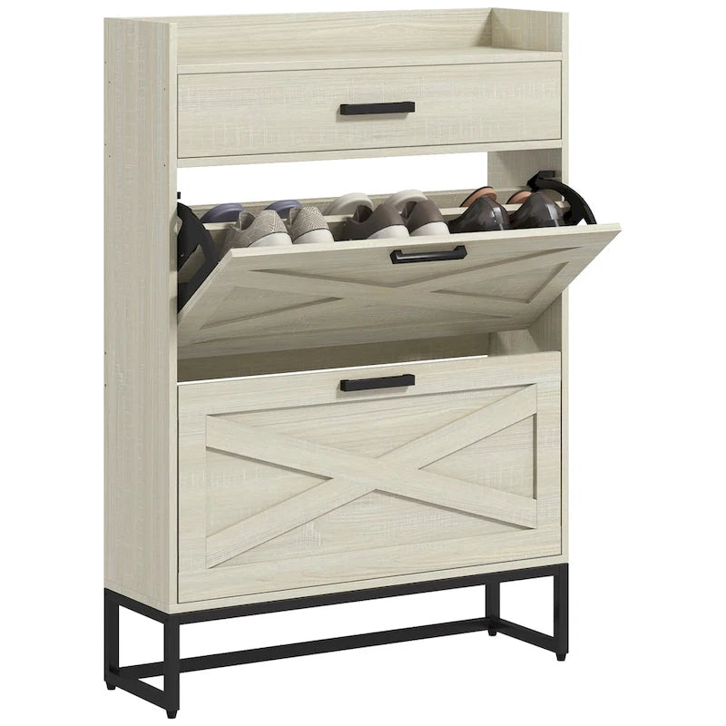 Narrow Shoe Cabinet, Industrial Shoe Storage Cabinet with 2 Flip Drawers, Adjustable Shelves, and Top Drawer