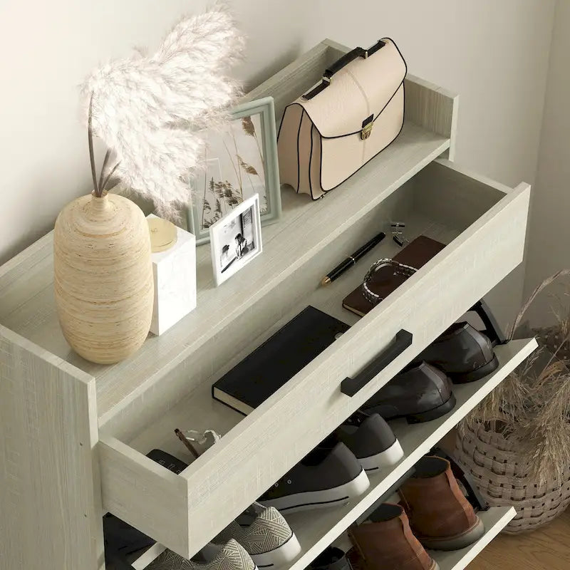 Slim Industrial Shoe Cabinet with Flip Drawers, Top Drawer, Adjustable Shelves, White and Gray