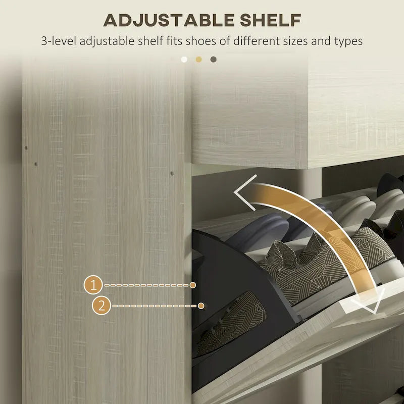 Slim Industrial Shoe Cabinet with Flip Drawers, Top Drawer, Adjustable Shelves, White and Gray