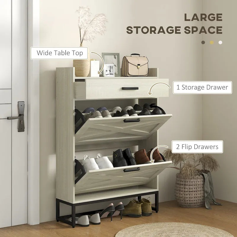 Slim Industrial Shoe Cabinet with Flip Drawers, Top Drawer, Adjustable Shelves, White and Gray