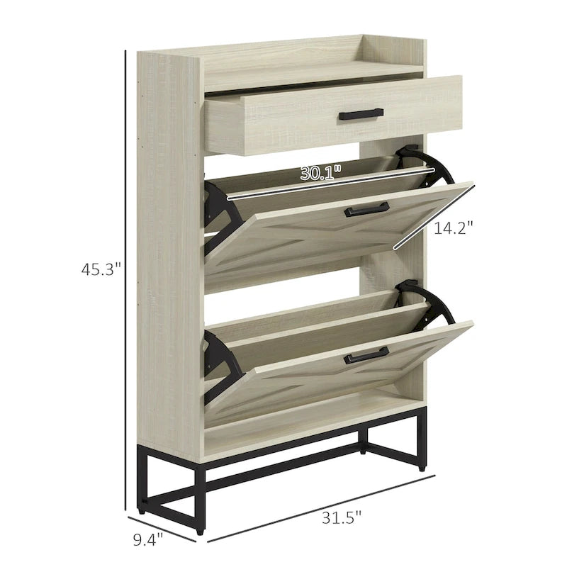 Slim Industrial Shoe Cabinet with Flip Drawers, Top Drawer, Adjustable Shelves, White and Gray