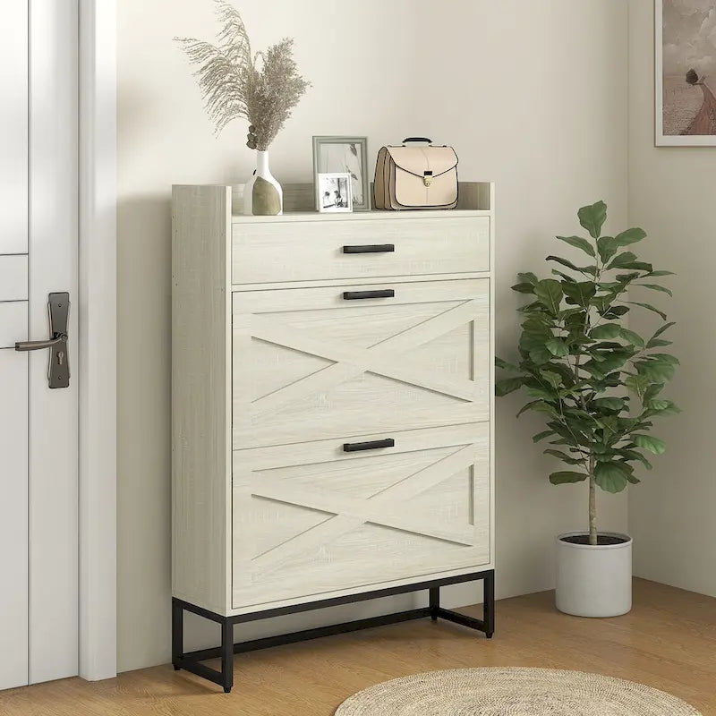 Slim Industrial Shoe Cabinet with Flip Drawers, Top Drawer, Adjustable Shelves, White and Gray