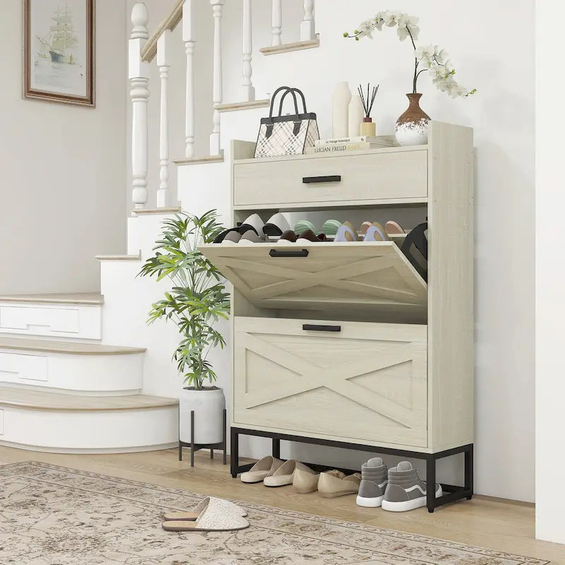 Slim Industrial Shoe Cabinet with Flip Drawers, Top Drawer, Adjustable Shelves, White and Gray