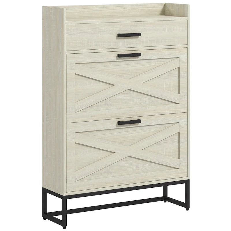 Slim Industrial Shoe Cabinet with Flip Drawers, Top Drawer, Adjustable Shelves, White and Gray
