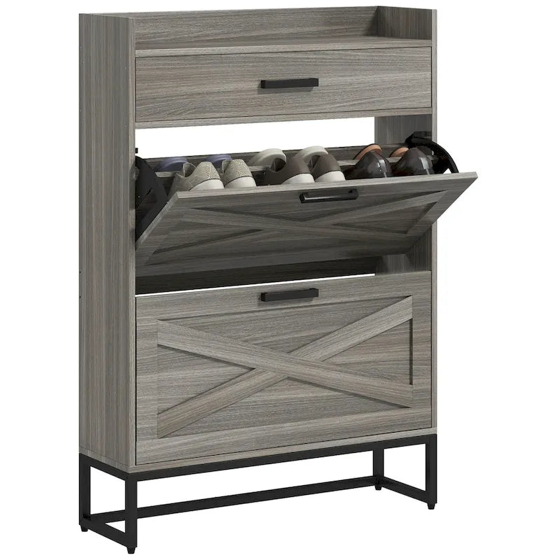 Slim Industrial Shoe Cabinet with Flip Drawers, Top Drawer, Adjustable Shelves, White and Gray