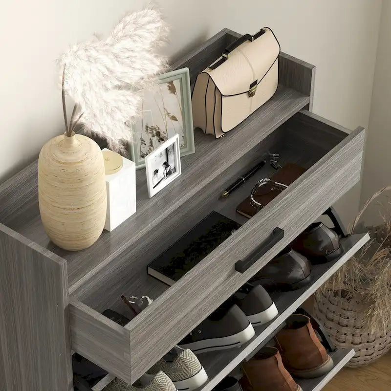 Slim Industrial Shoe Cabinet with Flip Drawers, Top Drawer, Adjustable Shelves, White and Gray