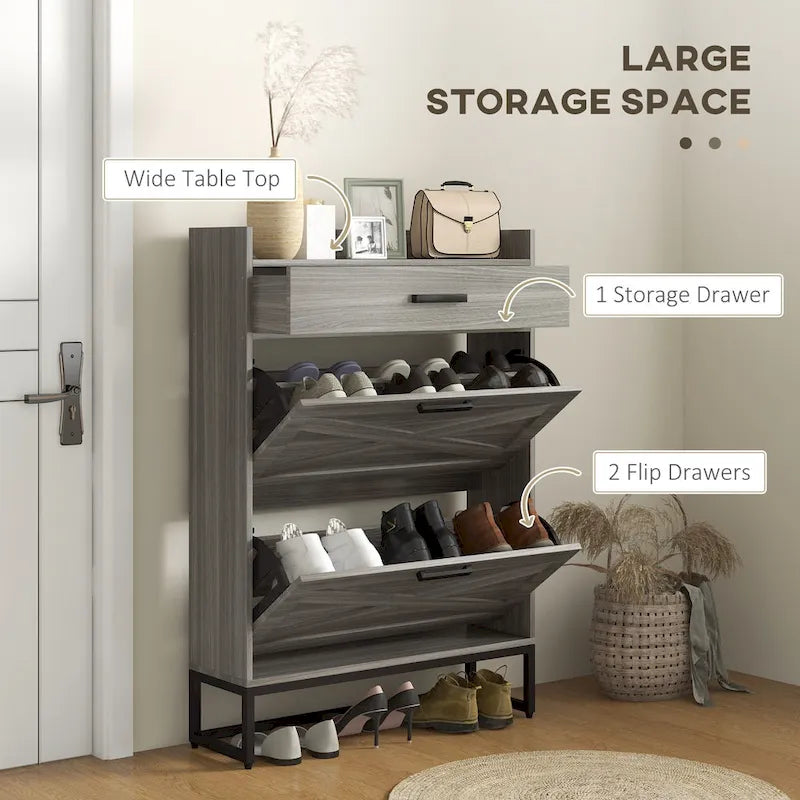 Slim Industrial Shoe Cabinet with Flip Drawers, Top Drawer, Adjustable Shelves, White and Gray