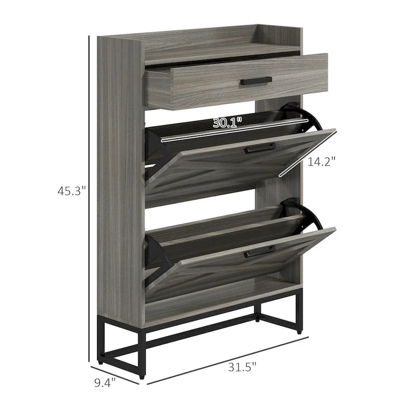 Slim Industrial Shoe Cabinet with Flip Drawers, Top Drawer, Adjustable Shelves, White and Gray