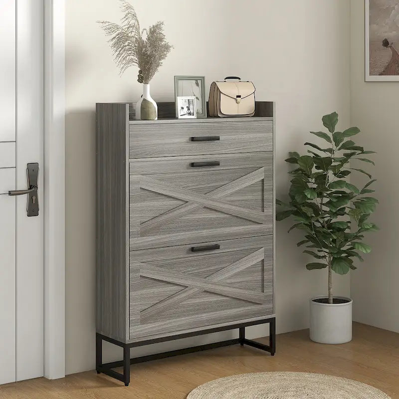 Slim Industrial Shoe Cabinet with Flip Drawers, Top Drawer, Adjustable Shelves, White and Gray