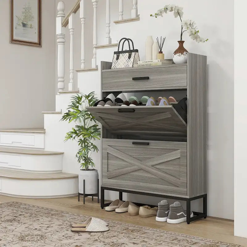 Slim Industrial Shoe Cabinet with Flip Drawers, Top Drawer, Adjustable Shelves, White and Gray