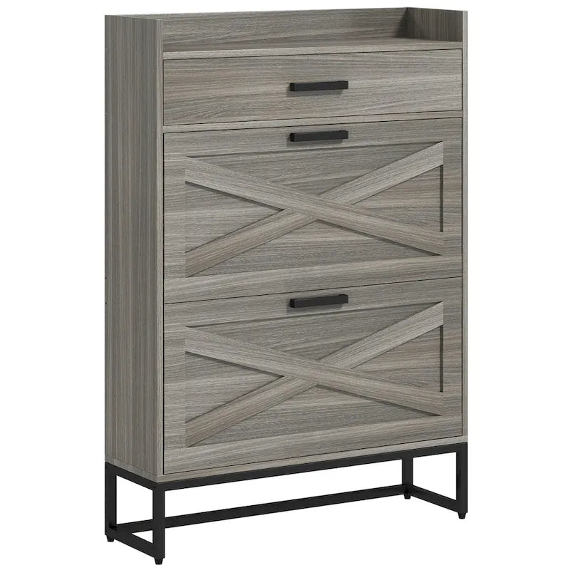 Slim Industrial Shoe Cabinet with Flip Drawers, Top Drawer, Adjustable Shelves, White and Gray