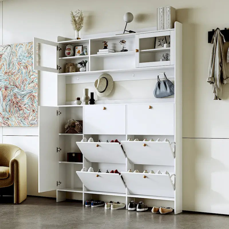 White Large Hall Tree with 6 Flip Drawers, Tempered Glass Doors and Storage Shelves