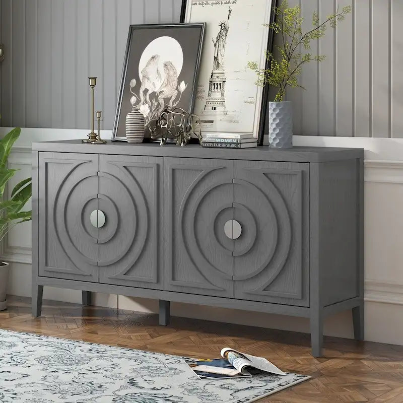 4-Door Retro Sideboard with Circular Groove Design and Round Metal Handles