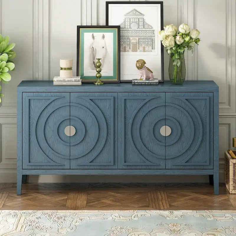 4-Door Retro Sideboard with Circular Groove Design and Round Metal Handles