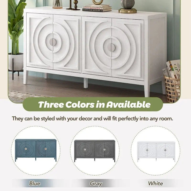 4-Door Retro Sideboard with Circular Groove Design and Round Metal Handles