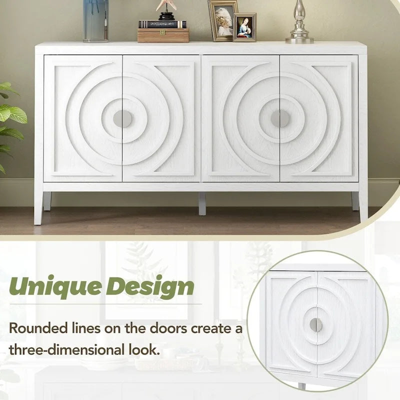 4-Door Retro Sideboard with Circular Groove Design and Round Metal Handles
