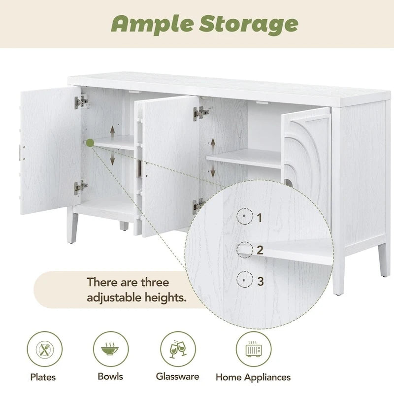 4-Door Retro Sideboard with Circular Groove Design and Round Metal Handles