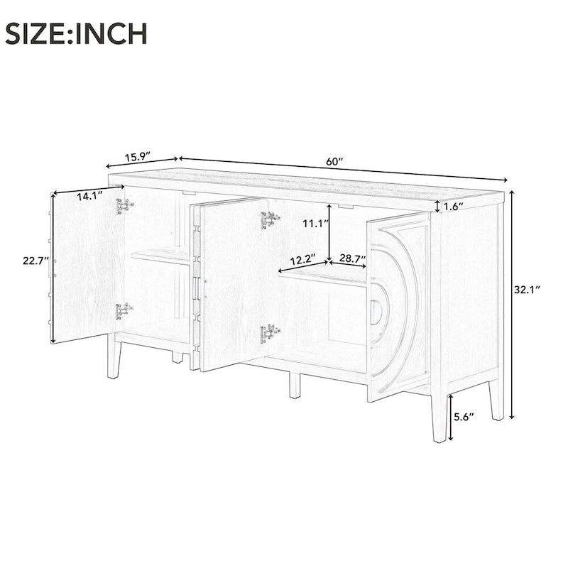 4-Door Retro Sideboard with Circular Groove Design and Round Metal Handles