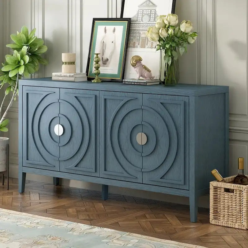 4-Door Retro Sideboard with Circular Groove Design and Round Metal Handles