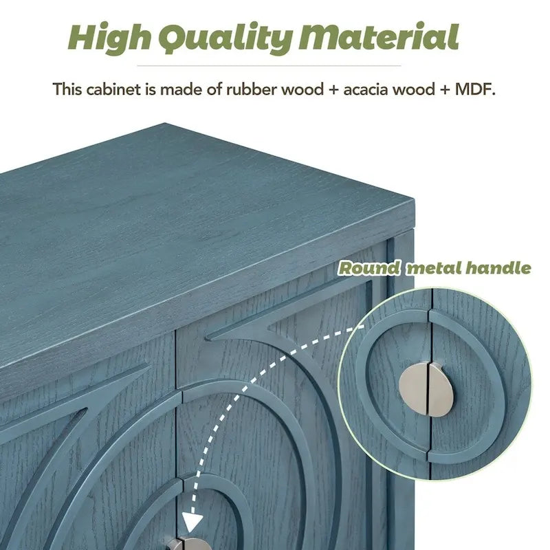 4-Door Retro Sideboard with Circular Groove Design and Round Metal Handles
