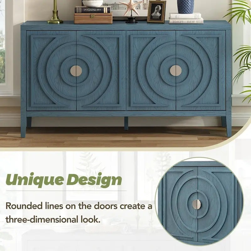 4-Door Retro Sideboard with Circular Groove Design and Round Metal Handles