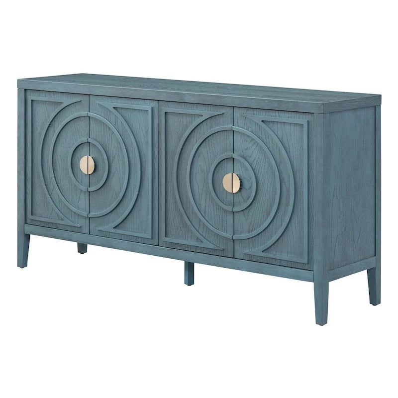 4-Door Retro Sideboard with Circular Groove Design and Round Metal Handles