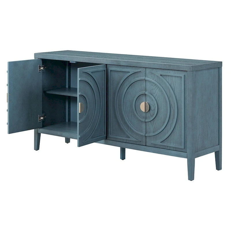 4-Door Retro Sideboard with Circular Groove Design and Round Metal Handles