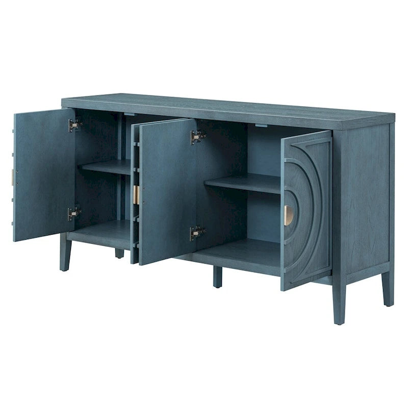 4-Door Retro Sideboard with Circular Groove Design and Round Metal Handles