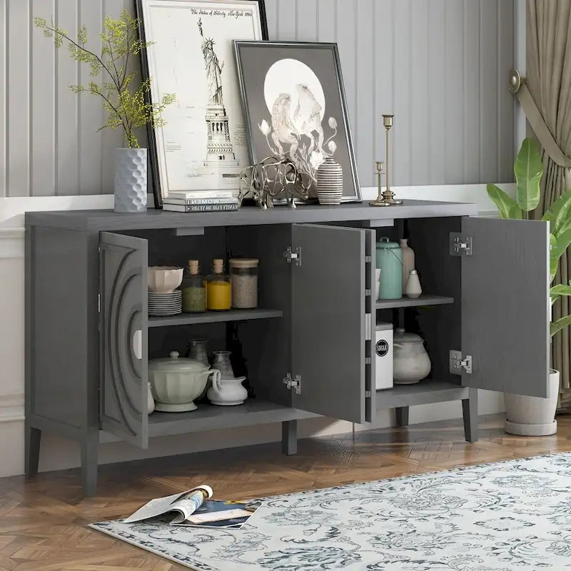 4-Door Retro Sideboard with Circular Groove Design and Round Metal Handles