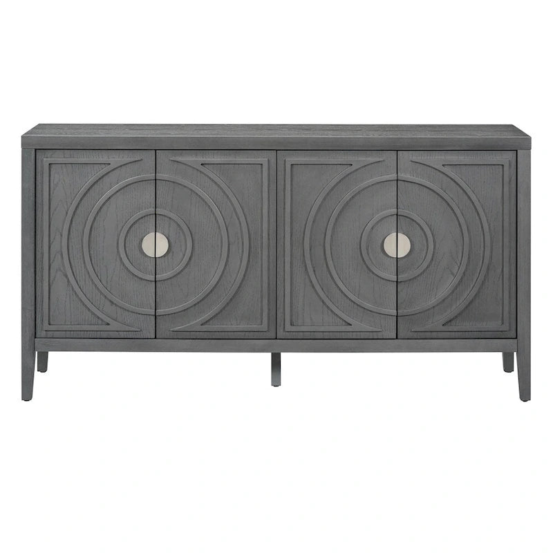 4-Door Retro Sideboard with Circular Groove Design and Round Metal Handles