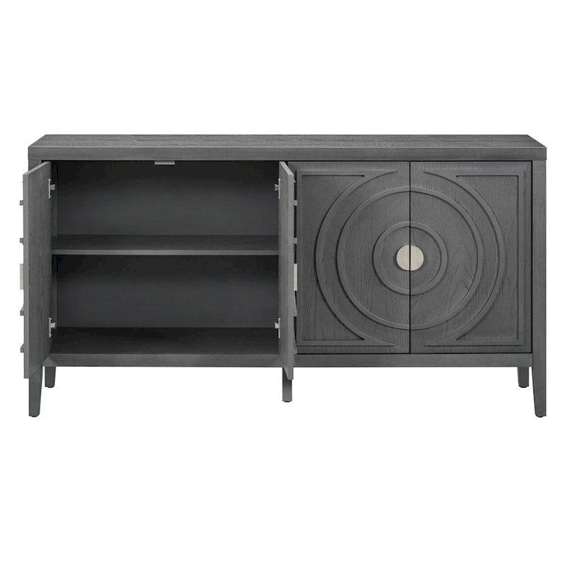 4-Door Retro Sideboard with Circular Groove Design and Round Metal Handles