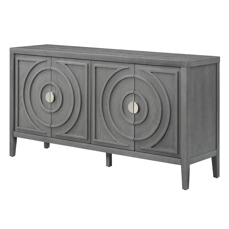 4-Door Retro Sideboard with Circular Groove Design and Round Metal Handles