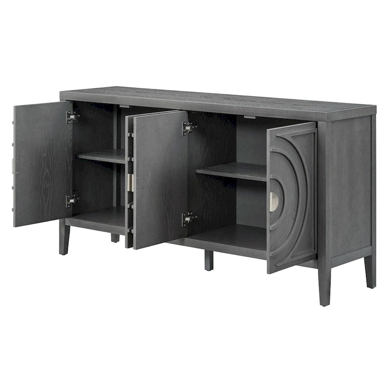 4-Door Retro Sideboard with Circular Groove Design and Round Metal Handles