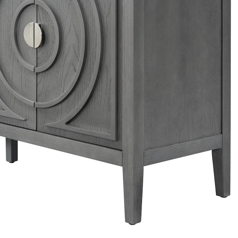 4-Door Retro Sideboard with Circular Groove Design and Round Metal Handles