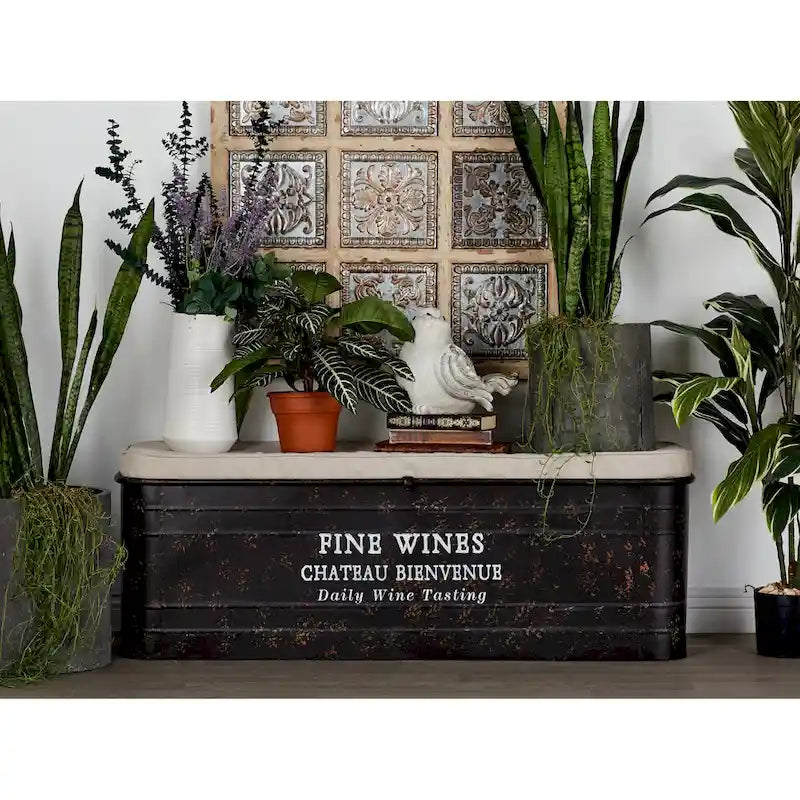 Industrial Brown Metal Storage Bench with Cream Fabric Seat and Typography