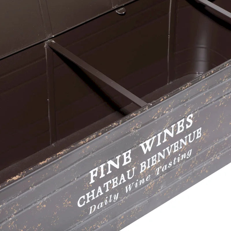 Industrial Brown Metal Storage Bench with Cream Fabric Seat and Typography