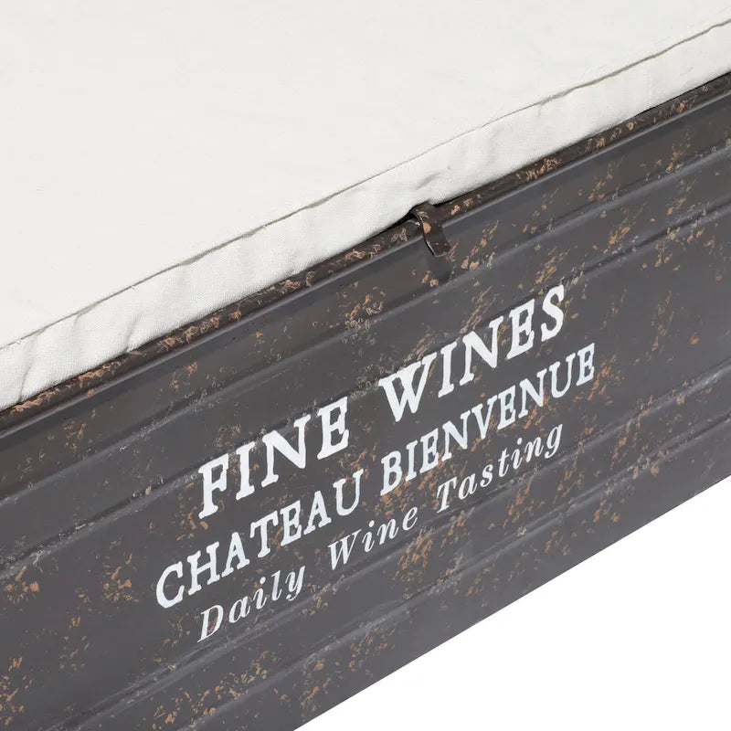 Industrial Brown Metal Storage Bench with Cream Fabric Seat and Typography