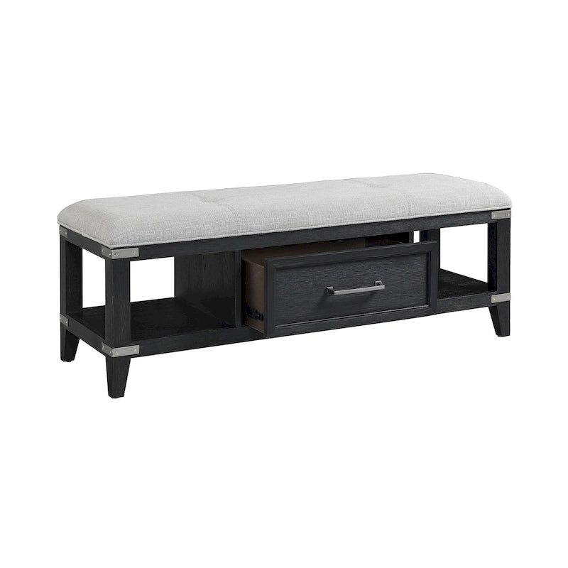 Upholstered Storage Bench with Drawer Weathered Steel Finish Dark Wood
