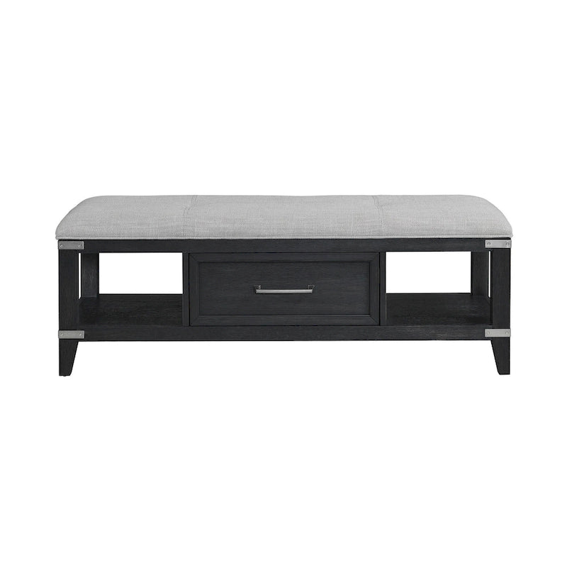 Upholstered Storage Bench with Drawer Weathered Steel Finish Dark Wood